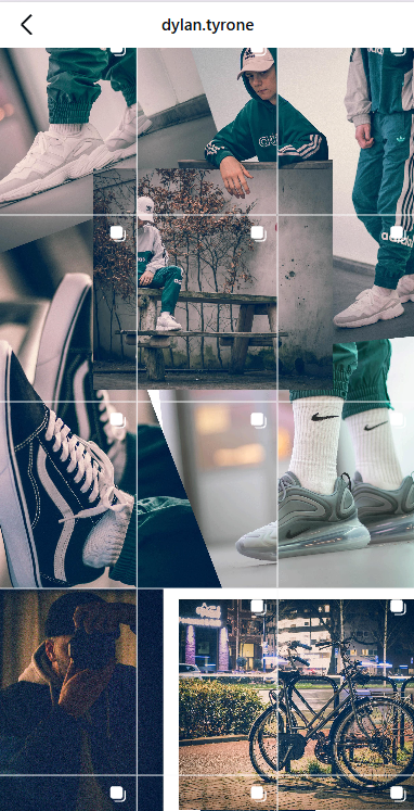 Live Instagram profile grid with visible crop and gutter shifts in a fashion collage